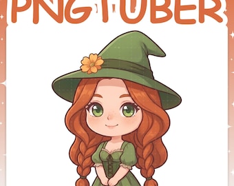 PNGTuber | Green Witch 2D Vtuber Chibi Model for Twitch & YouTube Streaming, Veadotube Ready - AKI