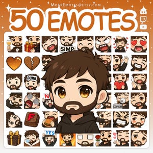 Twitch Emotes, Discord Emotes, Chibi Boy Emotes, Beard Emotes, YouTube Emotes, Men Emotes, Emote Pack, Brown Hair Emotes, Brown Beard Emotes