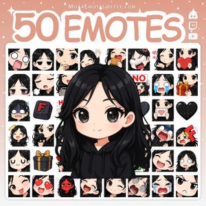 Puede incluir: Ilustración digital con 50 emoticonos, con un personaje central de dibujos animados con pelo negro y una sudadera con capucha negra. Los emoticonos expresan diversas emociones. El texto "50 EMOTES" aparece en la parte superior.