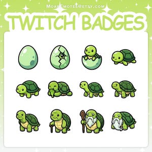 Op de afbeelding: Een verzameling Twitch-badges met cartoon schildpadden in verschillende levensfasen. De badges tonen een ei, een uitkomend ei, een babyschildpad en oudere schildpadden. De tekst "TWITCH BADGES" staat bovenaan.