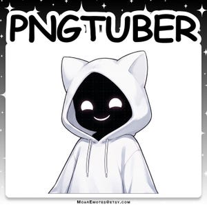 May include: A digital illustration of a character wearing a white hooded sweatshirt with cat ears. The character has a solid black face with glowing white eyes and a simple curved mouth. The text PNGTUBER is at the top and MOAREMOTES@ETSY.COM at the bottom.