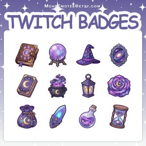 Puede incluir: Un conjunto de insignias de Twitch con temática mágica. Las insignias representan un libro de hechizos, una bola de cristal, un sombrero de bruja, un espejo galáctico, una carta del tarot, un caldero, una linterna, una rosa, una bolsa de dinero, un cristal, una botella de poción y un reloj de arena. El texto "TWITCH BADGES" está en la parte superior.