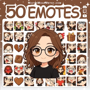 Puede incluir: Una colección digital de 50 emoticonos que muestra un personaje de dibujos animados con cabello castaño y gafas en varias expresiones. El texto "50 EMOTES" y "MISTERMOAR@ETSY.COM" aparece en la parte superior con iconos de Discord, Twitch y YouTube.