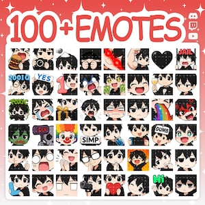 First grid of over 50 emotes from the black-haired anime boy pack. Includes popular emotes like heart eyes, crying, Pepe the frog, holding a 'NO' sign, copium, hype, a 'W' for win, a devil version, and an Uno card.