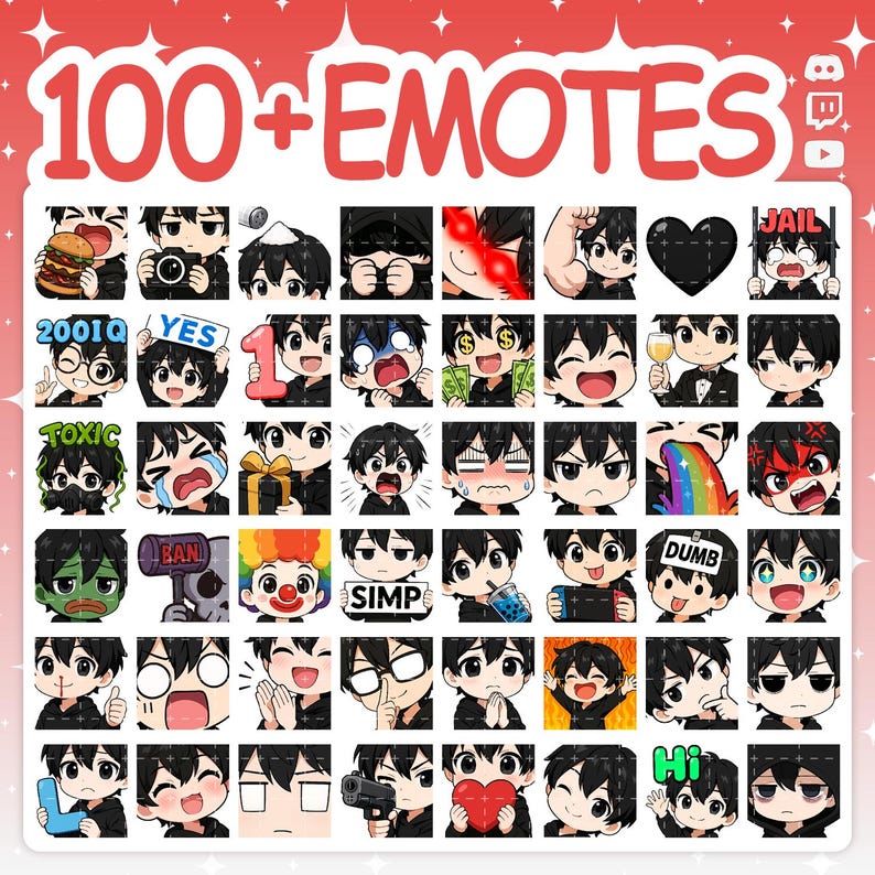 First grid of over 50 emotes from the black-haired anime boy pack. Includes popular emotes like heart eyes, crying, Pepe the frog, holding a 'NO' sign, copium, hype, a 'W' for win, a devil version, and an Uno card.