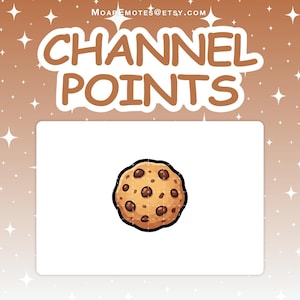 Könnte beinhalten: Digitalgrafik mit dem Text "CHANNEL POINTS" in brauner Schrift. Ein Cartoon-Keks mit Schokoladenstückchen ist auf weißem Hintergrund zentriert. Der Hintergrund ist ein brauner Farbverlauf mit weißen Sternen.