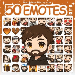 Op de afbeelding: Een digitale collectie van 50 emotes in chibi-stijl met een bruinharig personage met een baard in verschillende uitdrukkingen en acties, waaronder het vasthouden van items zoals een wijnglas, cadeau, burger en roos, met teksten zoals SIMP, DUMB en YES.