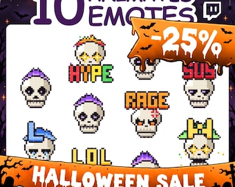 Animated Emotes | Pixel Art Pack with Halloween Skull Emotes for Twitch Stream & Discord Server