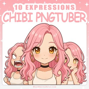 Könnte beinhalten: Digitale Illustration einer Chibi-Figur mit rosa Haaren, goldenen Creolen und einem schwarzen Halsband, die ein weißes Tanktop trägt. Der Text 10 EXPRESSIONS CHIBI PNGTUBER steht darüber. Drei Varianten der Figur zeigen verschiedene Gesichtsausdrücke.