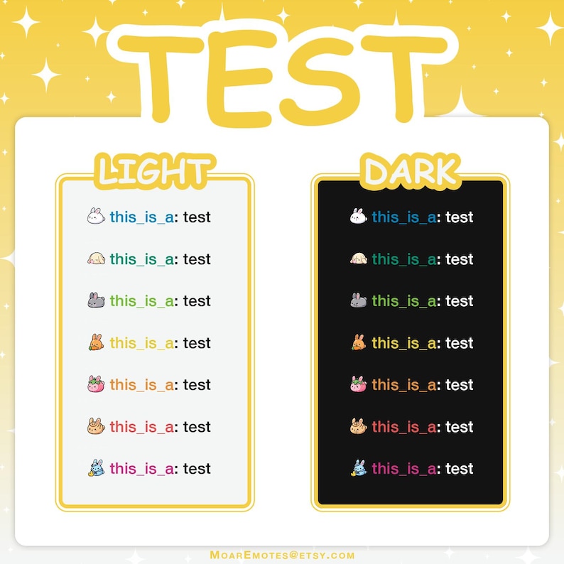 May include: A digital graphic with the word "TEST" in yellow. The image is divided into two sections, "LIGHT" and "DARK", each containing a series of icons and text that reads "this_is_a: test". The background is yellow with star accents.