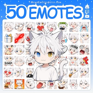May include: A digital art graphic featuring 50 emotes with a white-haired anime-style character with cat ears and heterochromia eyes. The emotes display various expressions and are set against a blue background with the text "50 EMOTES".
