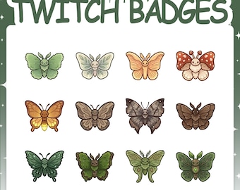 Twitch Badges | 12 Forest Butterfly Sub Badges Set with 2 Tier Flairs for Stream