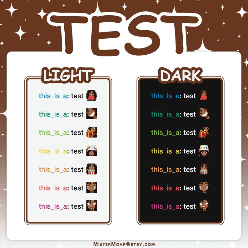 May include: A graphic display titled TEST featuring two columns labeled LIGHT and DARK. Each column lists seven lines of text reading this_is_a: test followed by a unique emoji character, with each line displayed in a different color font.