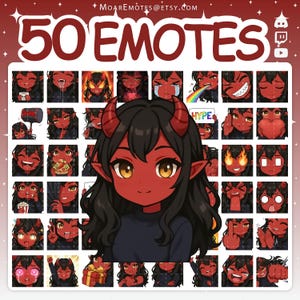 May include: Digital art print with 50 emotes, devil-themed. The emotes depict a red-skinned character with black hair, horns, and diverse expressions. The text "50 EMOTES" is at the top, with the Etsy shop name "MoareMotes@Etsy.com".