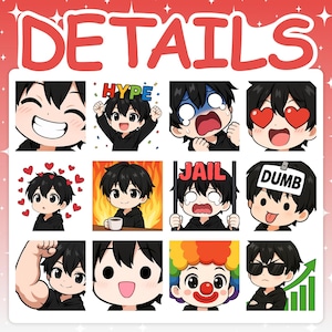 Details image showcasing 12 high-quality, close-up emotes of the black-haired anime boy. Emotes shown include a big happy smile, HYPE, scared crying, heart eyes, the 'this is fine' meme, behind JAIL bars, wearing a DUMB sign, clown makeup, and a 'stonks' arrow.