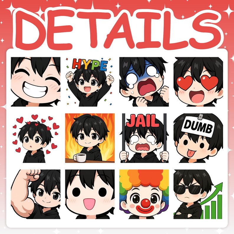 Details image showcasing 12 high-quality, close-up emotes of the black-haired anime boy. Emotes shown include a big happy smile, HYPE, scared crying, heart eyes, the 'this is fine' meme, behind JAIL bars, wearing a DUMB sign, clown makeup, and a 'stonks' arrow.