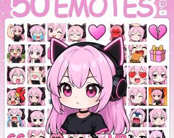 Twitch-emotes, chibi-emotes voor meisjes, Discord-emotes, gamergirl-emotes, chibi-emotes, YouTube-emotes, meisjesemotes, emotepakket, roze-haar-emotes