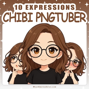 Op de afbeelding: Illustratie van drie chibi-personages met bruin haar, een bril en zwarte shirts. De afbeelding bevat de tekst "10 Expressions Chibi PNGTuber". De personages tonen verschillende gezichtsuitdrukkingen.