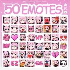 A set of 50 pink-haired gamer girl emotes with various expressions and symbols designed for streaming platforms.