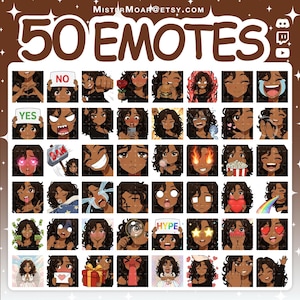 May include: A digital collection of 50 emotes featuring a character with dark skin and curly dark hair in various expressions and actions, including holding signs that say NO, YES, and HYPE, eating, crying, laughing, and showing hearts or fire.