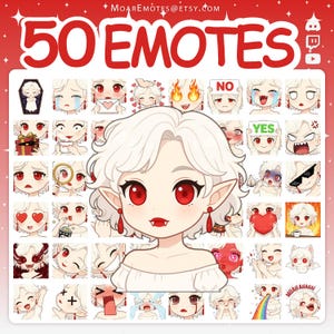 May include: A digital art graphic featuring a white-haired anime-style character with red eyes and fangs, surrounded by 50 emotes. The emotes display various expressions and symbols. The text "50 EMOTES" is at the top.