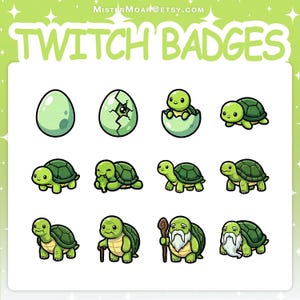 May include: A set of twelve digital Twitch badges featuring a green turtle life cycle, starting from an egg, hatching, growing, and aging into a wise elder turtle with a white beard and wooden staff. The text MISTERMOAR@ETSY.COM TWITCH BADGES is visible.