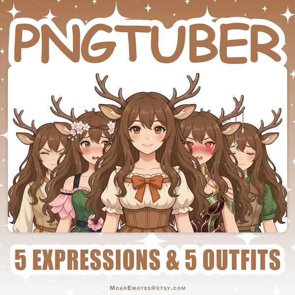 PNGTuber / Ragazza Cervo Femmina 2D Vtuber Model con 5 espressioni e 5 abiti per streaming su Twitch e YouTube, pronta per Veadotube