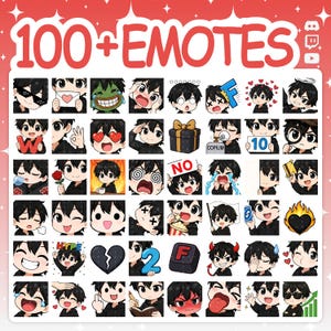Second grid of over 50 emotes from the black-haired chibi boy pack. Features emotes like eating a burger, holding a camera, behind 'JAIL' bars, a toxic mask, a zombie face, clown makeup, a 'SIMP' sign, and a gun.