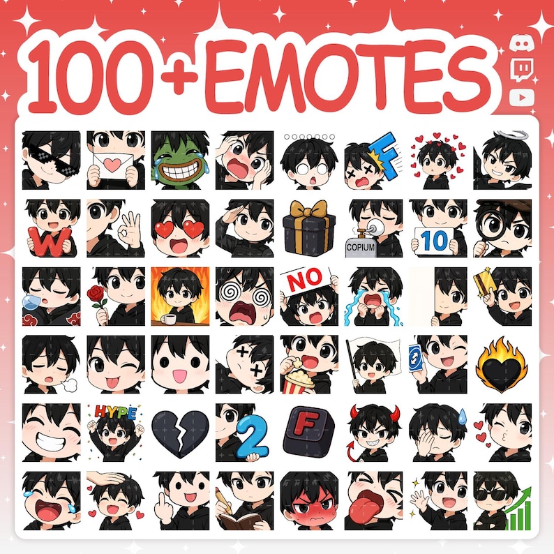 Second grid of over 50 emotes from the black-haired chibi boy pack. Features emotes like eating a burger, holding a camera, behind 'JAIL' bars, a toxic mask, a zombie face, clown makeup, a 'SIMP' sign, and a gun.