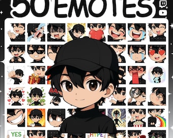 May include: A digital collection of 50 anime-style character emotes featuring a person with black hair wearing a black cap and shirt. The set includes various expressions and actions, with the text 50 EMOTES and MISTERMOAR@ETSY.COM displayed.