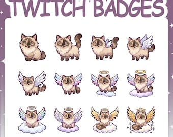 Twitch Badges | 12 Angel Cat Sub Badges Set with 2 Tier Flairs for Stream