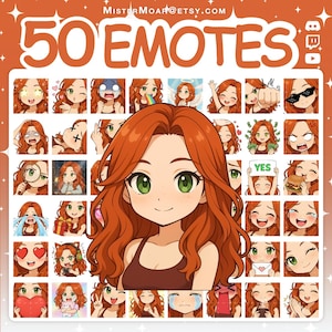 Puede incluir: Una colección digital de 50 emoticonos de estilo anime que presenta a un personaje con cabello largo, ondulado y pelirrojo y ojos verdes. El conjunto incluye varias expresiones y acciones, con el texto 50 EMOTES y MISTERMOAR@ETSY.COM arriba.