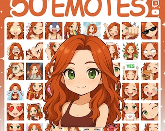 May include: A digital collection of 50 anime-style emotes featuring a character with long wavy ginger hair and green eyes. The set includes various expressions and actions, with the text 50 EMOTES and MISTERMOAR@ETSY.COM displayed at the top.