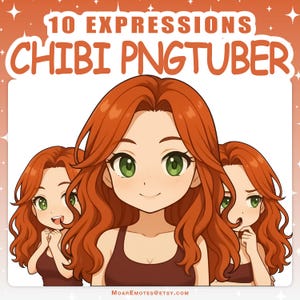 Puede incluir: Ilustración digital de tres personajes chibi con cabello rojo y ojos verdes. Incluye el texto "10 Expressions Chibi PNGTuber". Los personajes visten camisetas sin mangas marrones y muestran diferentes expresiones faciales.