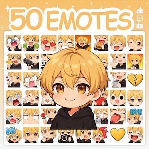 Puede incluir: Una colección de 50 emoticonos de dibujos animados con un personaje de pelo rubio y una sudadera con capucha negra. Los emoticonos muestran diversas expresiones y acciones. El texto "50 EMOTES" está en la parte superior.