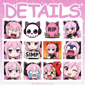 Detailed version of the 50 pink-haired gamer girl emotes,