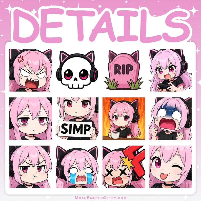 Detailed version of the 50 pink-haired gamer girl emotes,