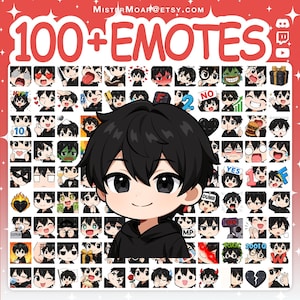 Peut inclure: Une collection numérique de plus de 100 émoticônes de style chibi représentant un personnage aux cheveux noirs portant un sweat à capuche noir. L'image inclut diverses expressions et actions, avec le texte 100+ EMOTES et MISTERMOAR@ETSY.COM.