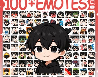 May include: A digital collection of over 100 chibi-style emotes featuring a character with black hair and a black hoodie. The graphic includes various expressions and actions, with the text 100+ EMOTES and MISTERMOAR@ETSY.COM displayed at the top.