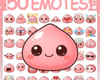 May include: A digital collection of 50 pink peach-shaped character emotes featuring various expressions and actions. The set includes icons with text like NO, YES, HYPE, and RAID, displayed against a light pink background with white sparkles.