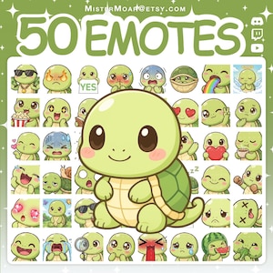 Könnte beinhalten: Eine digitale Sammlung von 50 Schildkröten-Emotes mit einer großen zentralen Schildkrötenfigur, umgeben von kleineren Symbolen mit verschiedenen Ausdrücken und Aktionen, sowie dem Text 50 EMOTES und MISTERMOAR@ETSY.COM oben.