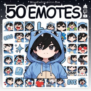 Może przedstawiać: Grafika cyfrowa z 50 emotikonami, z centralną postacią w niebieskiej bluzie z kapturem w kształcie dinozaura. Emotikony przedstawiają różne wyrazy i czynności, z tekstem takim jak "OMG" i "SIMP". Nazwa sklepu Etsy "MoareEmotes" znajduje się na górze.