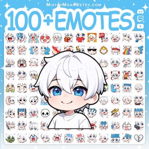 Könnte beinhalten: Eine digitale Sammlung von über 100 Emotes im Anime-Stil, die eine Figur mit weißen Haaren und blauen Augen zeigen. Das Set enthält verschiedene Ausdrücke und Aktionen, mit dem Text 100+ EMOTES und MISTERMOAR@ETSY.COM am oberen Rand.