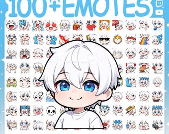 May include: A digital collection of over 100 anime-style emotes featuring a character with white hair and blue eyes. The set includes various expressions and actions, with the text 100+ EMOTES and MISTERMOAR@ETSY.COM displayed at the top.