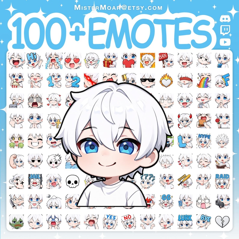 Puede incluir: Una colecci&oacute;n digital de m&aacute;s de 100 emoticonos de estilo anime que muestran un personaje con cabello blanco y ojos azules. El conjunto incluye varias expresiones y acciones, con el texto 100+ EMOTES y MISTERMOAR@ETSY.COM en la parte superior.