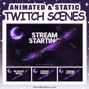 May include: A digital graphic set featuring animated and static Twitch scenes with a purple glitch aesthetic. The design includes a katana, shuriken, and a crescent moon against a dark background. Text includes STREAM STARTING, BE RIGHT BACK, STREAM ENDING, and STREAM OFFLINE.