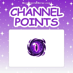 Könnte beinhalten: Eine lila-weiße Grafik mit den Worten "CHANNEL POINTS" in großen, stilisierten Buchstaben. Darunter befindet sich ein weißes Rechteck mit einem lila Augendesign. Der Hintergrund ist ein violetter Farbverlauf mit weißen Sternen.