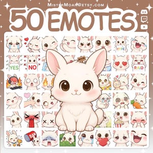 May include: A digital collection of 50 white rabbit emotes featuring various expressions and actions, including text signs like HYPE, YES, NO, RAID, NOOB, and BAN. A large central illustration of a white rabbit with big brown eyes sits in front.
