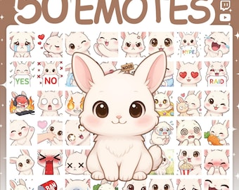 May include: A digital collection of 50 white rabbit emotes featuring various expressions and actions, including text signs like HYPE, YES, NO, RAID, NOOB, and BAN. A large central illustration of a white rabbit with big brown eyes sits in front.