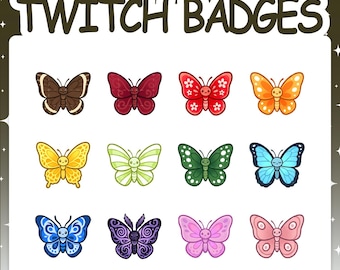 Twitch Badges | 12 Butterfly Sub Badges Set with 2 Tier Flairs for Stream